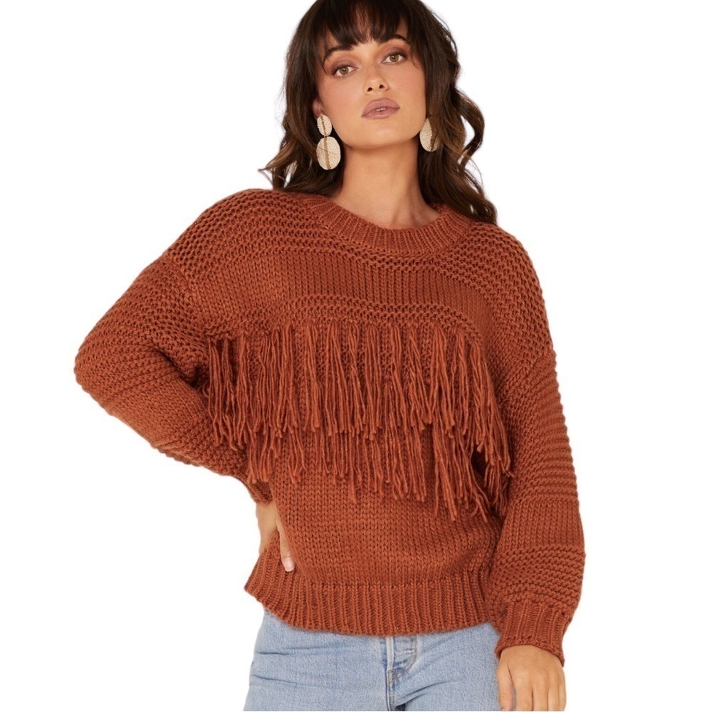 Minkpink Bronze Oversized Chunky Fringe Front Crew Neck Sweater Size S